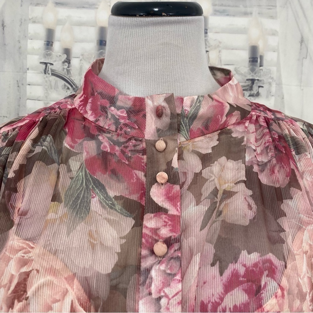 Alex Marie 24W Pink Purple Floral Long Puffed Sleeve Mock Neck Tiered Hem Dress - Picture 3 of 14